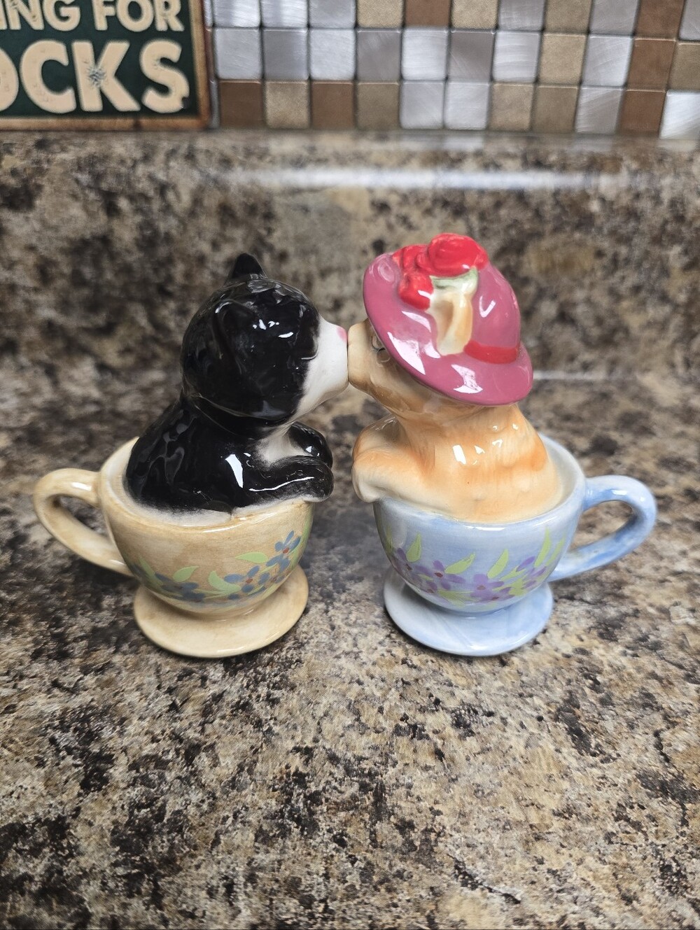 Ceramic Cat Pair in Teacups - Pink Hat & Black Cat
